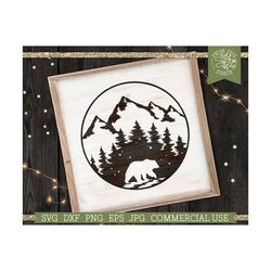 Bear in the Woods, Mountain Scene SVG Cut File for Cricut, Mama Bear, Pine Trees, Forest Silhouette, Dxf Png Jpg Eps, Decal Design, Camping