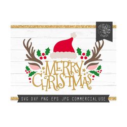 Merry Christmas Svg, Christmas Cut File Hand Lettered Reindeer Svg, Christmas Sign Svg File for Cricut, Instant Download, Santa Hat svg png
