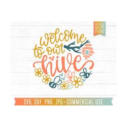 Welcome to Our Hive SVG Hand Lettered Design, Bumble Bee svg, Bee Keeper Quote, Farmhouse svg, Farm Family svg, Door Hanger svg Round Sign