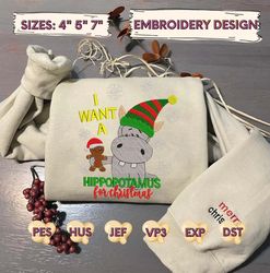 Christmas Embroidery Designs, Christmas Hippo Embroidery, Christmas Animal Embroidery Filles, Merry Xmas Embroidery
