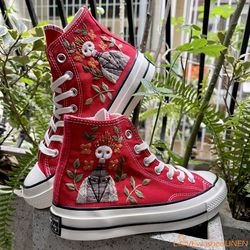 Custom Converse Chuck Taylor Embroidered, Fox Summer Garden Flowers Embroidered Convese Shoes, Embroidered Converse Cust