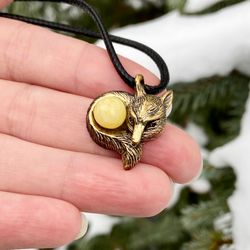 Fox pendant, Brass and amber, Handmade jewelry, Animal lover gift, Statement