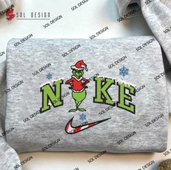 Nike Grinch Santa Hat Embroidered Sweatshirt, Christmas Embroidered Shirt, Dr. Seuss, Unisex Embroidered Hoodie