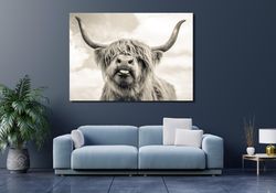 Cow With Tongue Black White Print Farmhouse Wall Decor Rustic Highland Bull Canvas Wall Art Animals Painting Scottish Bu