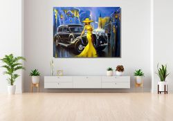 Woman In Yellow Dress Painting, Abstract Wall Art, Woman In Yellow Dress Canvas Wall Art, Vintage Car With Lady Wall Art