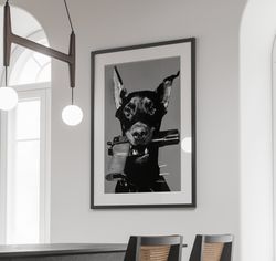Doberman Gun Poster, Black and White Fashion Photography, Luxury Wall Decor, Doberman Gifts, Dog Wall Art, Home Decor,