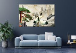 Birds Landscape illustration marble mountains Canvas Home Decor, a pair of Cranes Canvas Wall Art, green pine on a rock