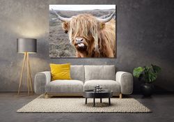 Cow With Tongue Black White Print Farmhouse Wall Decor Art Rustic Highland Bull Canvas Wall Art Animals Painting Scottis
