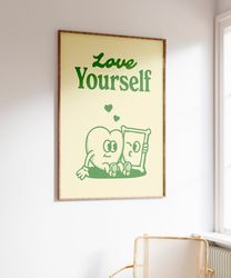 Love Yourself Digital Print, Selflove Poster, Cute Retro Illustration, Aesthetic Green Print, Trendy Wall Art, Gallery W