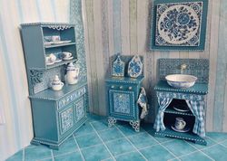 A set of kitchen furniture for a dollhouse. 1:12. Puppet miniature.