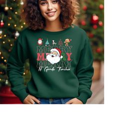 Merry Teacher Sweatshirt, Custom Christmas Sweatshirt For Teacher, Teacher Christmas Gift, Merry Merry Christmas Crewnec