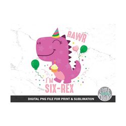 Girl Dinosaur 6 PNG,  Pink Six Rex Birthday Dinosaur Png, 6th Dino Party Sublimation