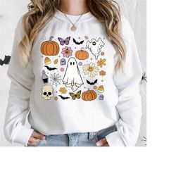 Vintage Halloween Sweatshirt, Halloween Doodle Shirt, Cute Halloween Sweatshirt, Floral Ghost Sweater, Halloween Costume