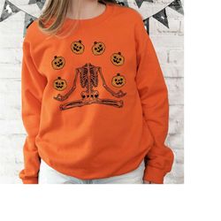 Halloween Skeleton Sweatshirt, Pumpkin Halloween Shirt, Halloween Sweatshirt, Halloween Crewneck, Halloween Sweater, Spo