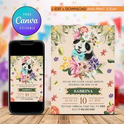 girl baby shower invitation, panda girl baby shower invitation template canva editable