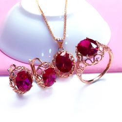 Luxury 585 purple gold inlaid ruby jewelry set hollow design 14K rose gold wedding necklaces rings earrings for girlfrie