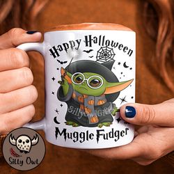 Grogu Trick or Treat Coffee Cup, Happy Halloween MuggleFudger Mug, Green Alien Wizard
