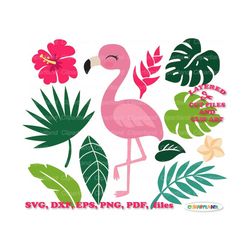 INSTANT Download. Flamingo. Tropical flowers and leaves svg cut file and clip art. Commercial license is included ! F_8.