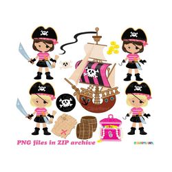 INSTANT DOWNLOAD. Cute pirate girl clip art. Personal and commercial use. P_98.