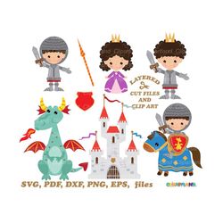 INSTANT Download. Cute medieval knight, princess and dragon cut files and clip art. Commercial license is included! K_9.