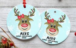 Personalized First Christmas Reindeer Ornament, Girls Christmas Ornament, Custom Kids Christmas Ornament