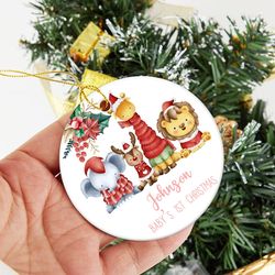 baby first christmas jungle animal ornament, personalized 1st baby christmas decoration
