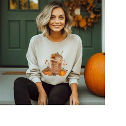 Fall Coffee Shirt, Cute Fall Sweatshirt, Coffee Lover Tee Shirt, Halloween Pumpkin Latte Drink Cup, Pumpkin Spice Shirt,