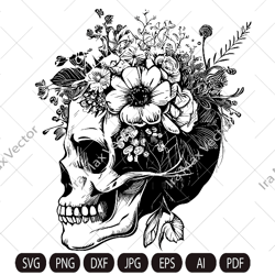 Skull svg file, Flower Skull svg, Skull cut file, Floral Skull svg file, Sugar Skull Svg file, skull flower crown, hallo