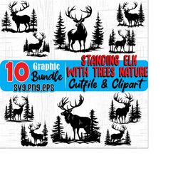 Elk Svg files - standing elk with trees in nature SVG graphic Bundle instant digital downloads