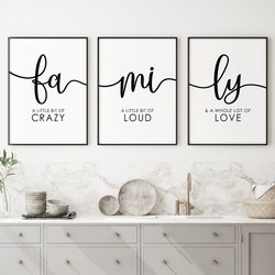Family Room Prints, Family a Little Bit of Crazy Sign, Love Quote Printable, Set of 3 Prints, Dining Room Wall Decor