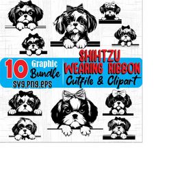 Cute peeking SHIH TZU dog art wearing ribbon, shihtzu dog pet lover or puppy owner, Svg , Png, Eps instant digital downloads