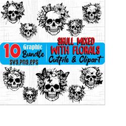 Skeleton SVG files -  Skull mixed with florals creative artwork with  butterflies SVG graphic Bundle instant digital downloads