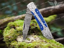 Damascus Handmade Pocket Folding Knife, Damascus Camping Hiking Knives, Engraved Handle, Best Gift for Him, Personalized