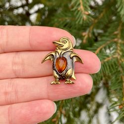 Penguin brooch, Brass and amber, Handmade jewelry