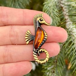 Seahorse brooch, Brass and amber, Handmade jewelry