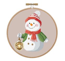 Snowman with lantern cross stitch pattern Christmas design Easy cross stitch Snowman pdf pattern Christmas xstitch