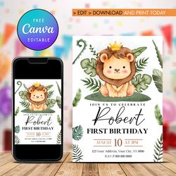 Lion First Birthday Invitation, 1st Lion King Birthday Invitation Canva Editable and Printable Digital Download