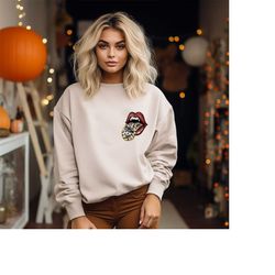 Halloween Vampire Sweatshirt, Vampire Lips Shirt, Leopard Print Lips Fall Sweater, Halloween Pullover with Skeletons, Co