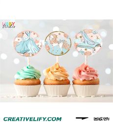 Princess Birthday Cupcake Toppers, Cinderella toppers, Favor Tags