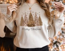 Leopard Merry Christmas Trees Sweatshirt, Christmas Sweatshirt, Holiday Sweater, Womens Holiday Sweatshirt, Christmas Sh