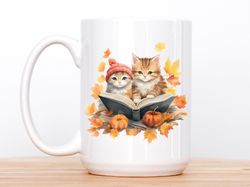 Fall Cat Mug 15oz, Cute Cats Reading, Fall Gift