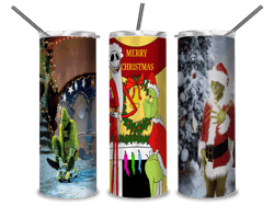Mischievous Grinch at Christmas tumbler, jack skelling santa with gift png, grinch with mini car png, sublimation