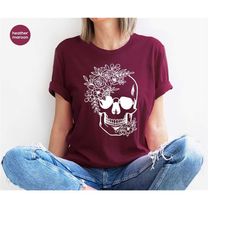 Skull T-Shirt, Floral Graphic Tees, Gift for Her, Halloween Crewneck Sweatshirt, Gothic Outfit, Womens Clothing, Boho Sk