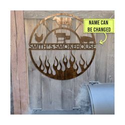 Personalized BBQ Smokehouse Pig Cow Chicken Customized Metal Sign, Custom Grill Metal Wall Art With Led Lights, BBQ Sign Decoration