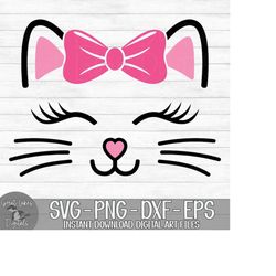 Cat Face with Bow - Instant Digital Download - svg, png, dxf, and eps files included! Kitten, Whiskers, Lashes, Baby Gir