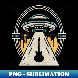 UFO Foo-nomenon Seattle Cityscape And Electric Guitar For Rock And Roll Fighters - Vintage Sublimation PNG Download - Fashionable and Fearless