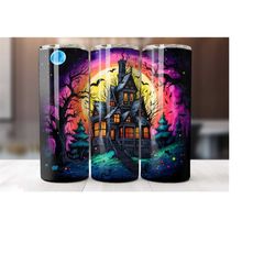 halloween haunted house 20 oz tumbler wrap, halloween tumbler wrap, halloween, vibrant wrap, straight template, tapered,