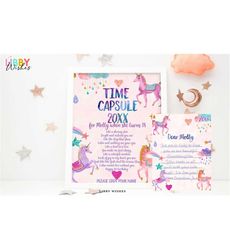 Editable Unicorn Time Capsule First Birthday Party Unicorn Birthday Magical Party Girl Pink Pastel Rainbow Template Printable  Corjl 103
