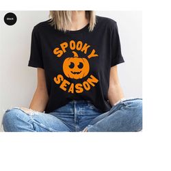 Spooky Season Tshirts, Pumpkin Shirt, Funny Halloween Gifts, Gift for Her, Fall T-Shirt, Women Vneck Shirts, Autumn Crew