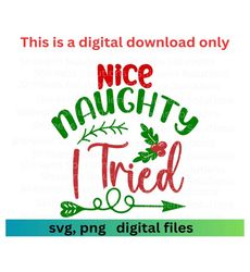 Naughty Nice I Tried, Christmas svg, Xmas Decor Card png, Sublimation, Cut for Cricut Silhouette, Instant Download, Business Commercial Use